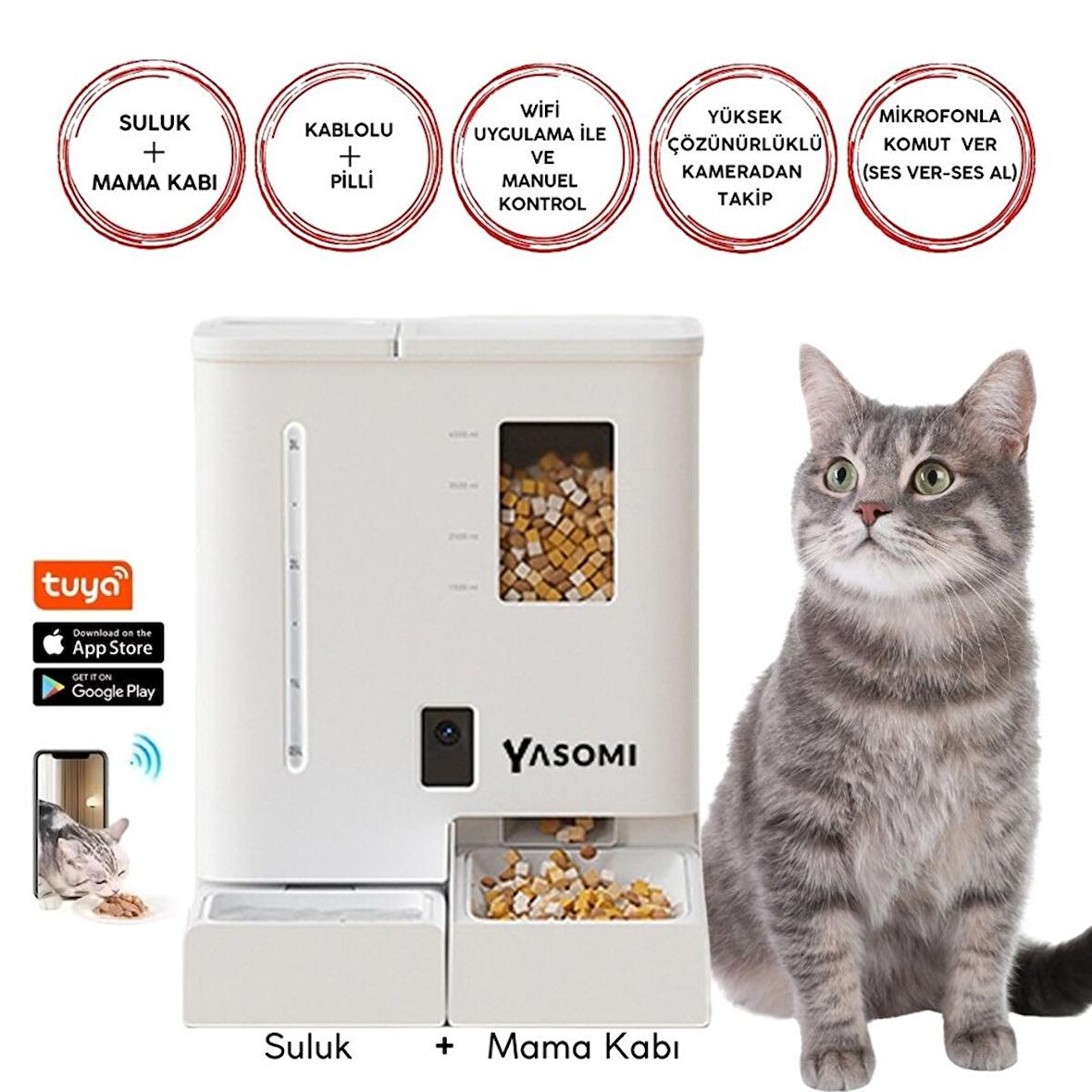 Yasomi DU-F03V Smartpaw+ 2si1 Arada 4l/5l Kapasiteli Pilli/Kablolu Akıllı Otomatik Mama ve Su Kabı (Beyaz)